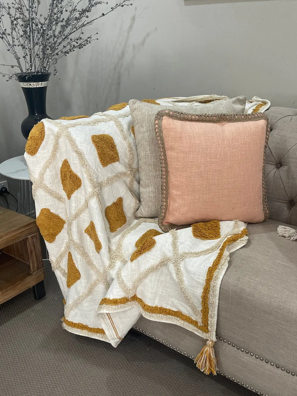 Bohemian Diamond Tangerine Cotton Tufted Bedding Throw Blanket