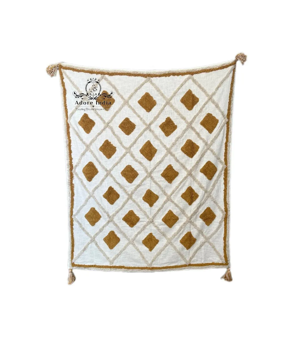 Bohemian Diamond Tangerine Cotton Tufted Bedding Throw Blanket