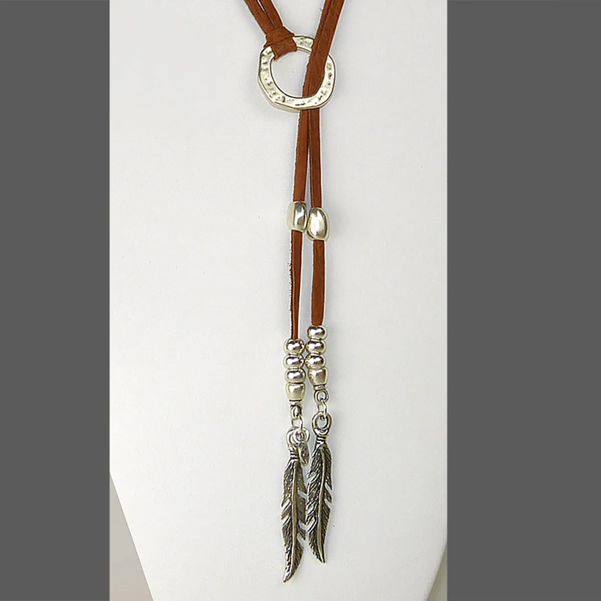Lilly's Allure Deerskin Natural Leather Feather Choker Lariat Silver Beads Necklace N40 Wear with Uno de 50