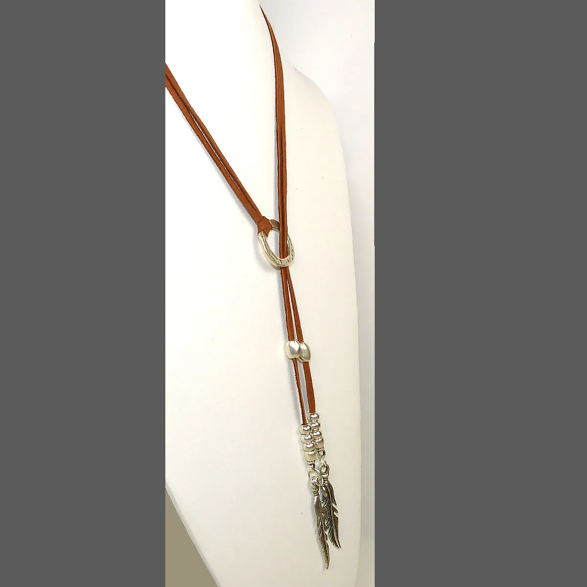 Lilly's Allure Deerskin Natural Leather Feather Choker Lariat Silver Beads Necklace N40 Wear with Uno de 50