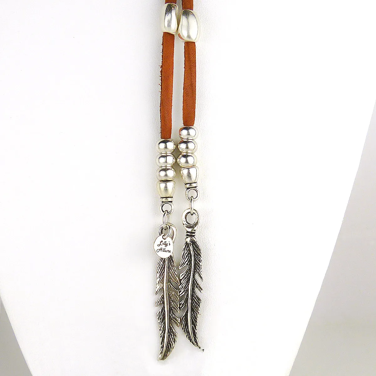 Lilly's Allure Deerskin Natural Leather Feather Choker Lariat Silver Beads Necklace N40 Wear with Uno de 50