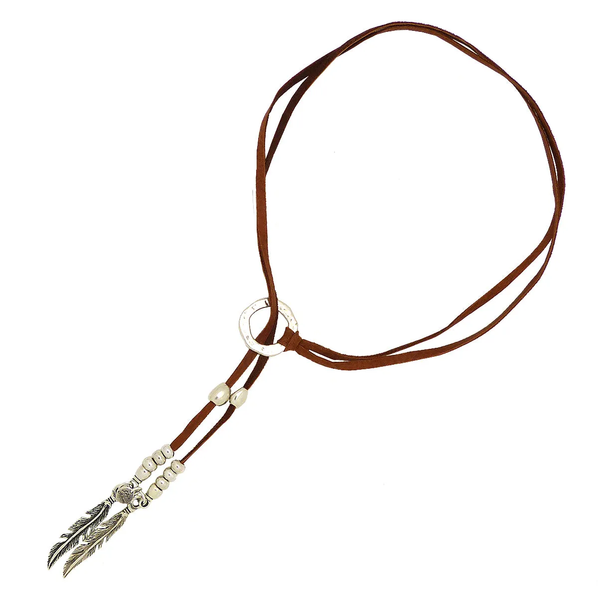 Lilly's Allure Deerskin Natural Leather Feather Choker Lariat Silver Beads Necklace N40 Wear with Uno de 50