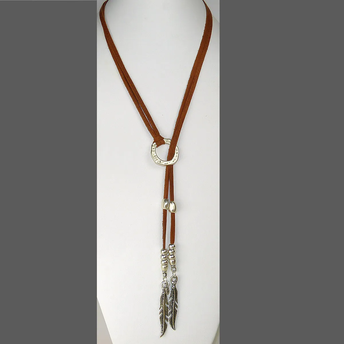 Lilly's Allure Deerskin Natural Leather Feather Choker Lariat Silver Beads Necklace N40 Wear with Uno de 50